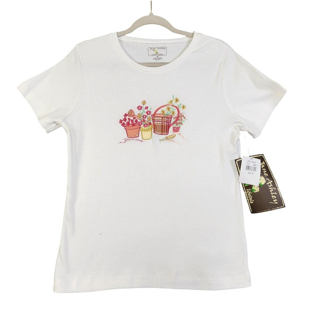 Jane Ashley Womens Flower Garden Embroidered T Shirt Size Medium Pink‎ White NWT